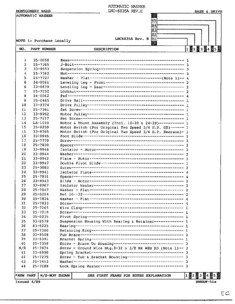 Base And Drive Page 2 Diagram and Parts List for 6835A REV E Norge Washer