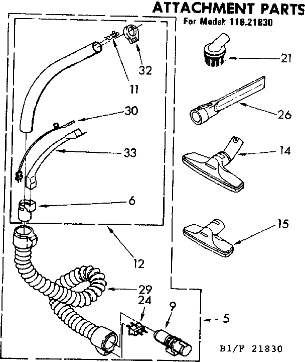 Attachment Parts Diagram and Parts List for 11621830  Kenmore Canister Vacuum