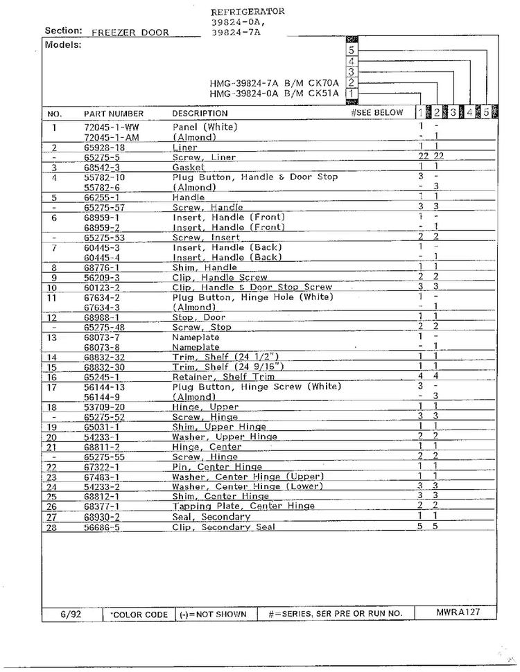 Freezer Door Page 2 Diagram and Parts List for 39824-7A  Admiral Refrigerator