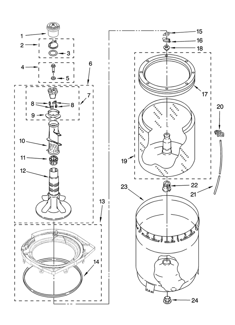 Agitator, Basket And Tub Parts Diagram and Parts List for MVWC6ESWW0  Maytag Washer