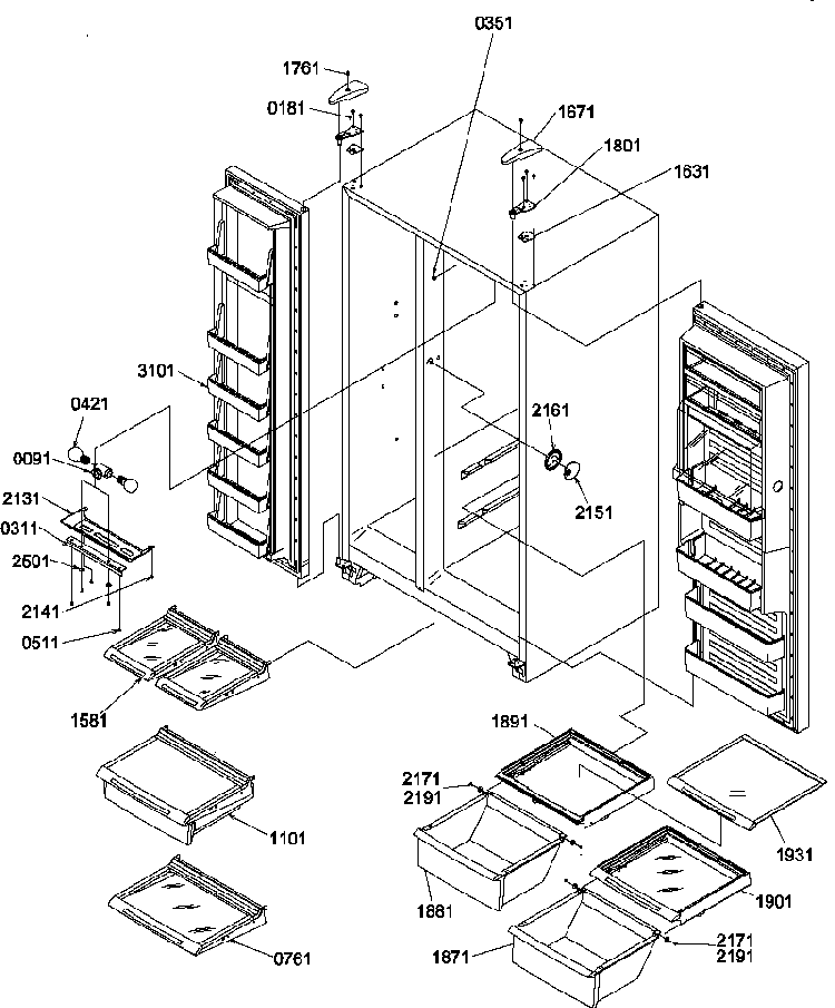 Refrigerator/freezer Shelves, Lights, & Hinges Diagram and Parts List for SR20TW-P1190102WW  Amana Refrigerator
