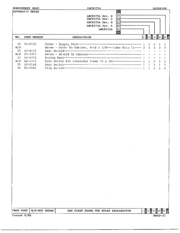 Gas Dryer Exterior Assembly Page 3 Diagram and Parts List for 8375A REV D Norge Dryer