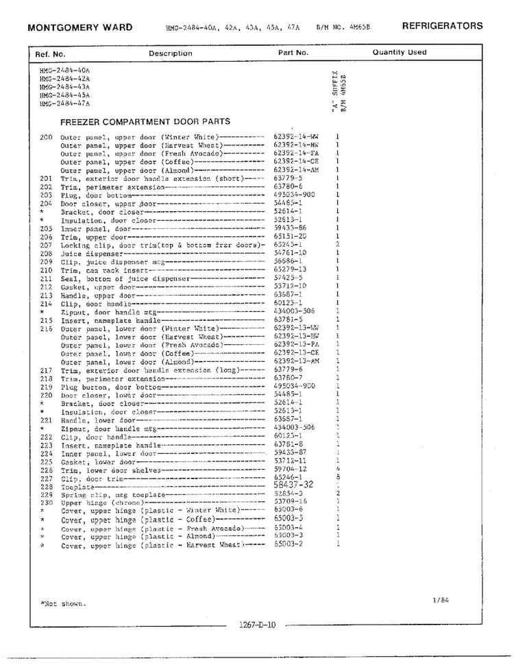 Freezer Dr/wheels/leveler/screws Page 2 Diagram and Parts List for 2484-42A  Admiral Refrigerator