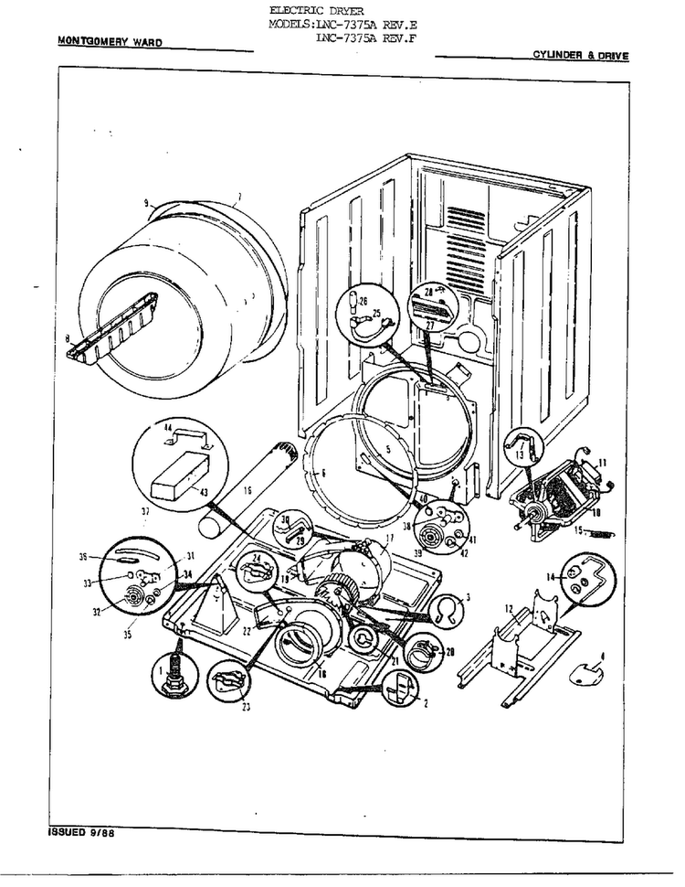 Electric Dryer/ Cylinder & Drive Diagram and Parts List for 7375A REV F Norge Dryer