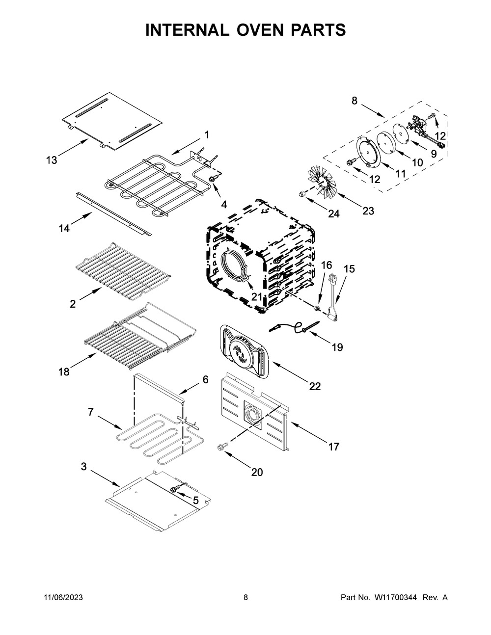 Internal Oven Parts Diagram and Parts List for JJW2430LM01  Jenn-Air Wall Oven