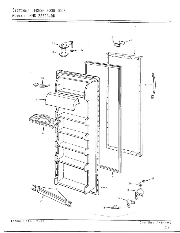 Fresh Food Door Diagram and Parts List for 22304-0B  Admiral Refrigerator