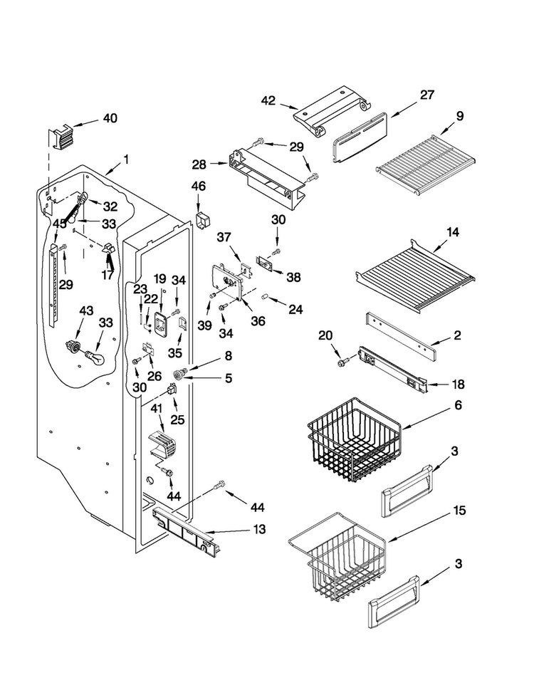 Freezer Liner Parts Diagram and Parts List for JCD2595WES00  Jenn-Air Refrigerator