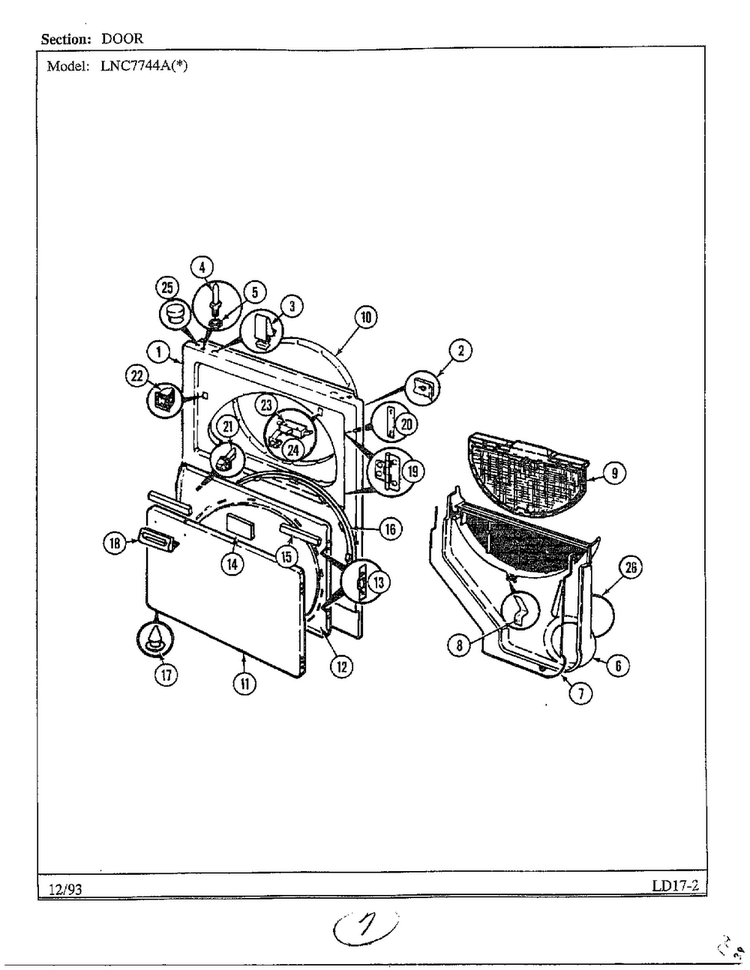 Door Diagram and Parts List for 7744A  Norge Dryer