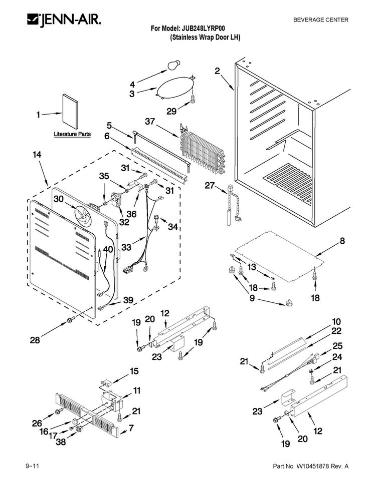 Cabinet Parts Diagram and Parts List for JUB248LYRP00  Jenn-Air Wine and Beverage Cooler
