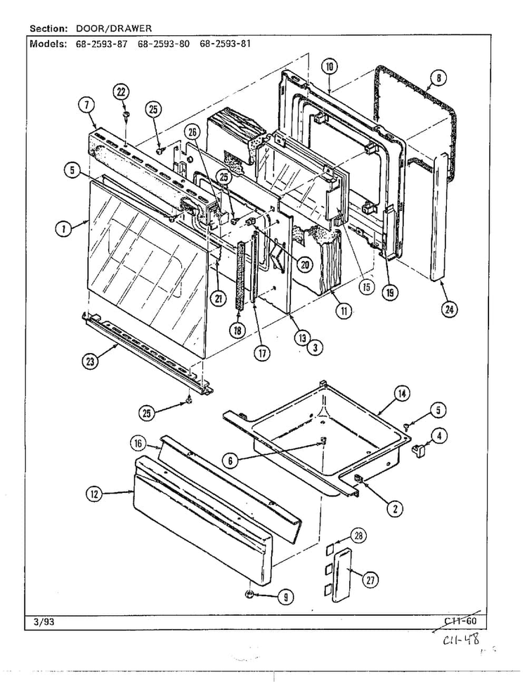 Door/drawer Diagram and Parts List for 68-2593-81  Magic Chef Range