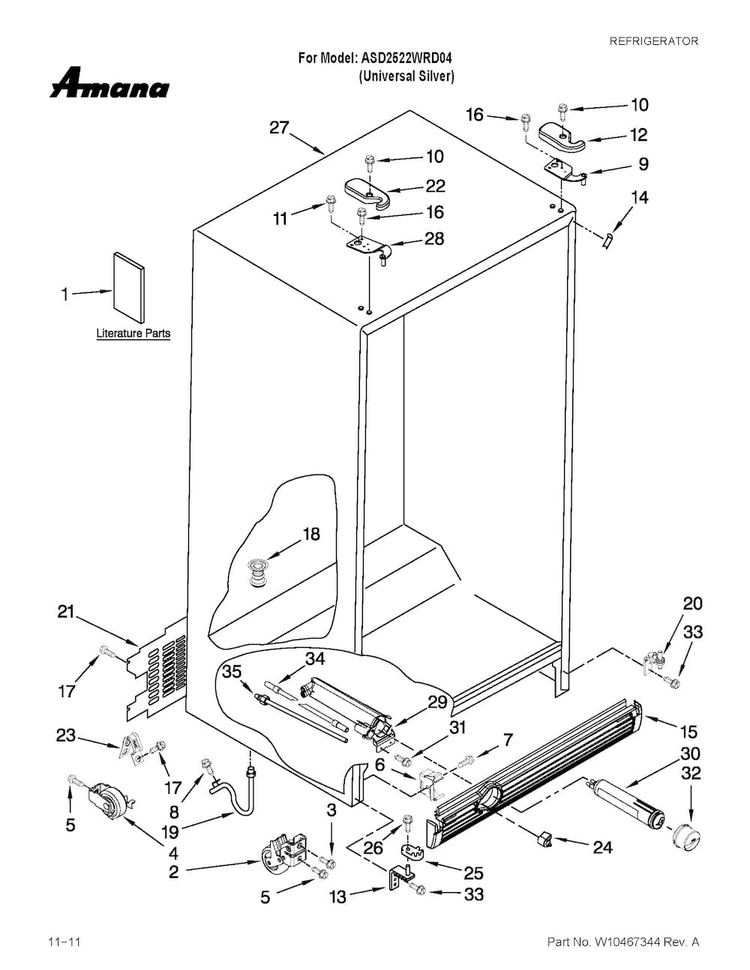 Cabinet Parts Diagram and Parts List for ASD2522WRD04  Amana Refrigerator