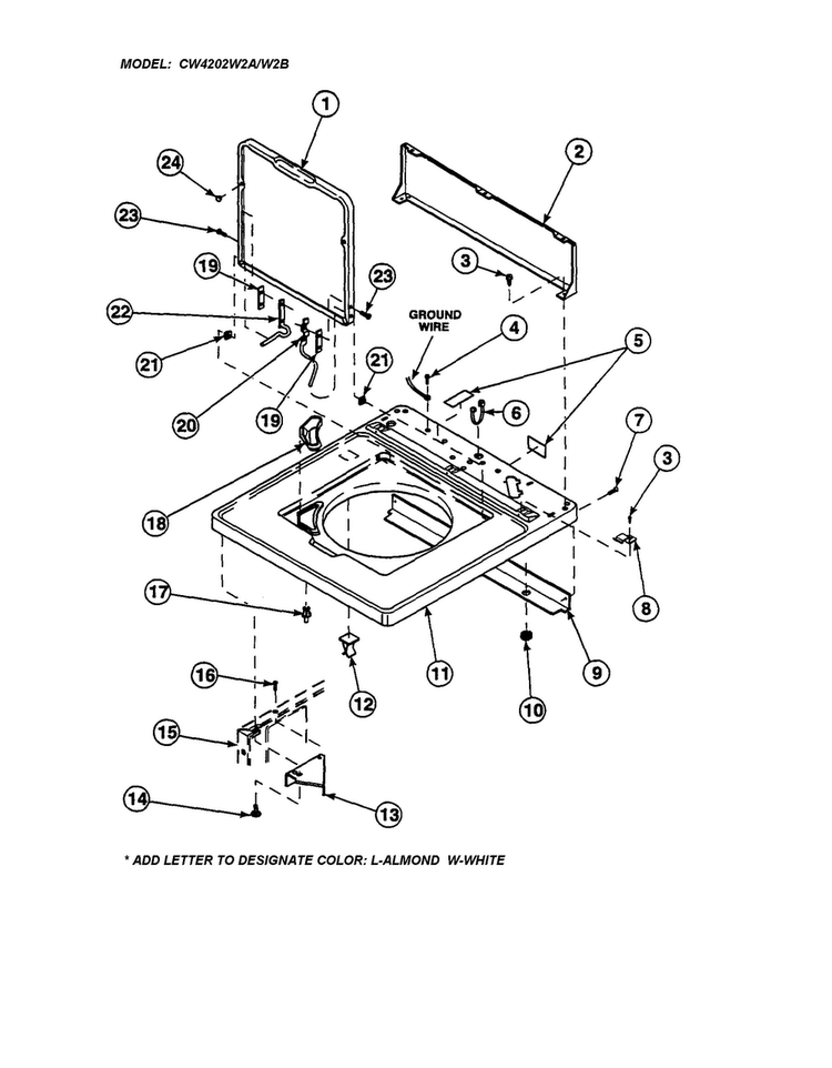 Cabinet Top/control Hood Rear Panel Diagram and Parts List for CW4202W2-PCW4202W2B  Amana Washer