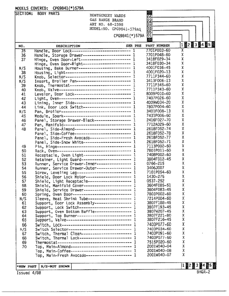 Gas Range Body Parts Page 3 Diagram and Parts List for 68-2598  Hardwick Range