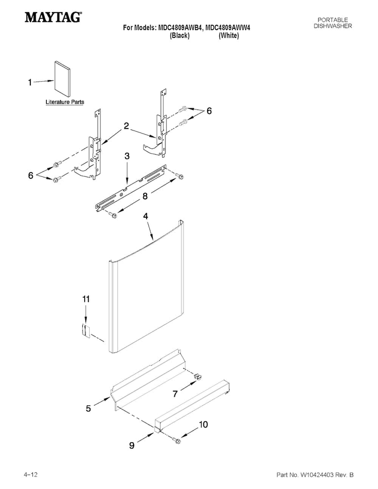 Door And Panel Parts Diagram and Parts List for MDC4809AWB4  Maytag Dishwasher