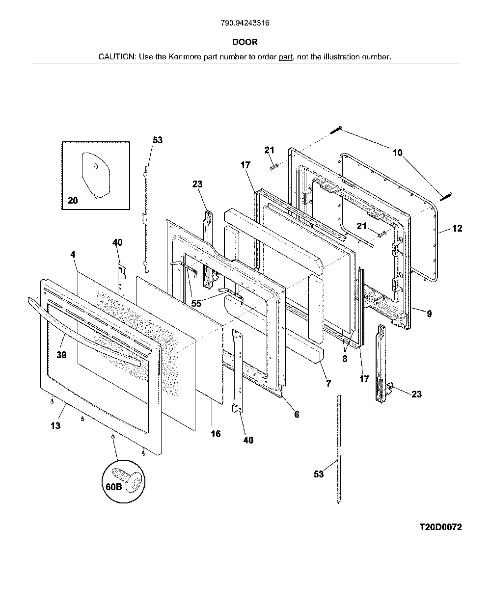 Door Diagram and Parts List for 79094243316  Kenmore Range