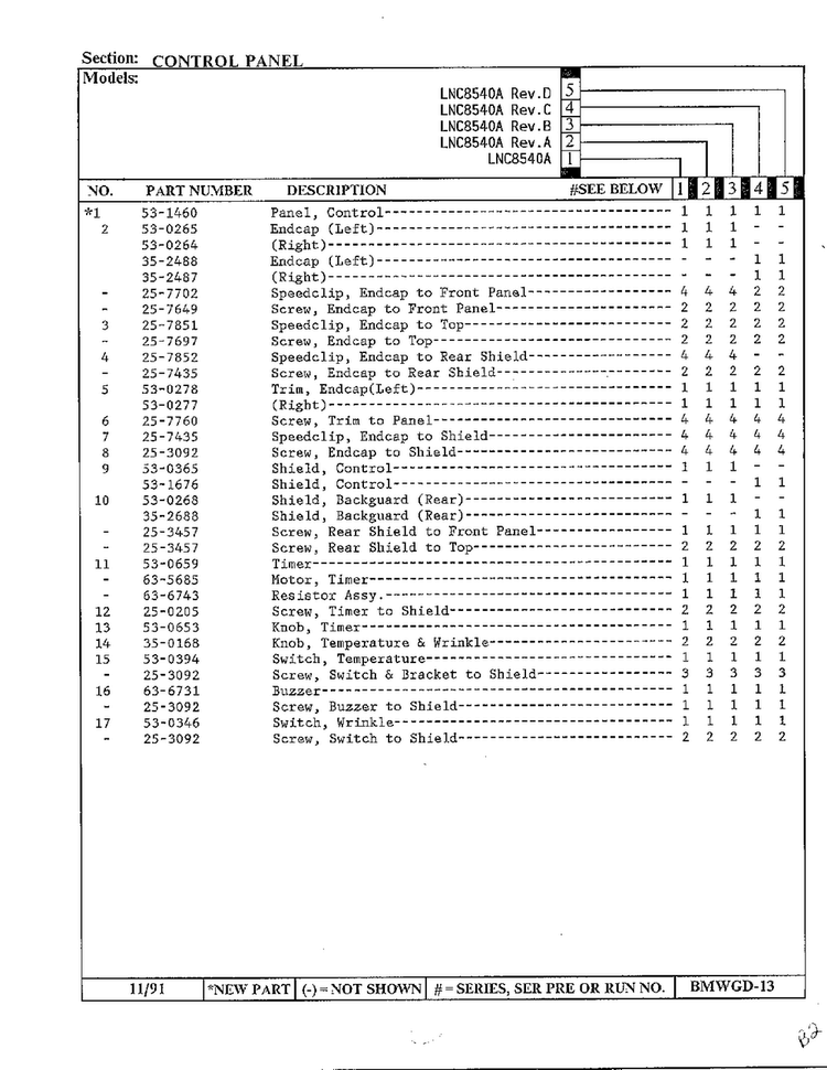 Control Panel Page 2 Diagram and Parts List for 8540A REV E Norge Dryer
