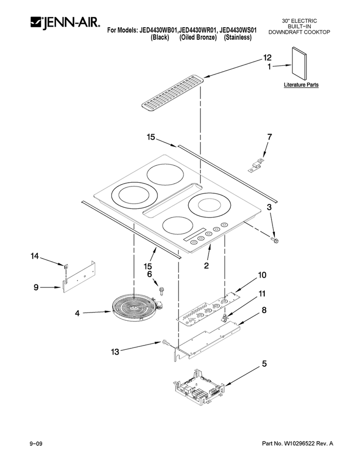 Cooktop Parts Diagram and Parts List for JED4430WS01  Jenn-Air Cooktop