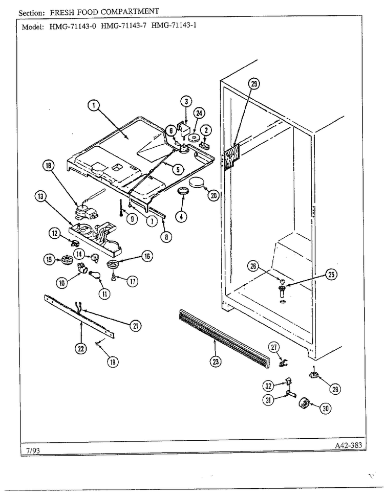 Fresh Food Compartment Diagram and Parts List for 71143-0A  Admiral Refrigerator