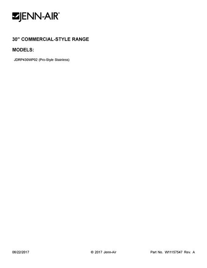 01 - Cover Sheet Diagram and Parts List for JDRP430WP02  Jenn-Air Range