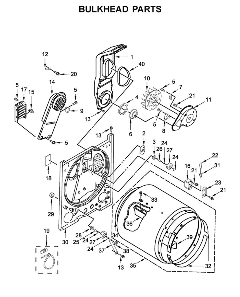 Bulkhead Parts Diagram and Parts List for YMED6200KW0  Maytag Dryer