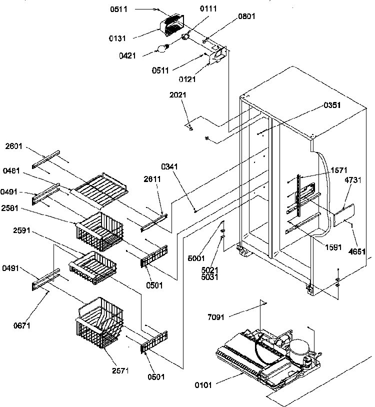 Freezer Shelves And Lights Diagram and Parts List for SRD22S5L-P1190304WL  Amana Refrigerator