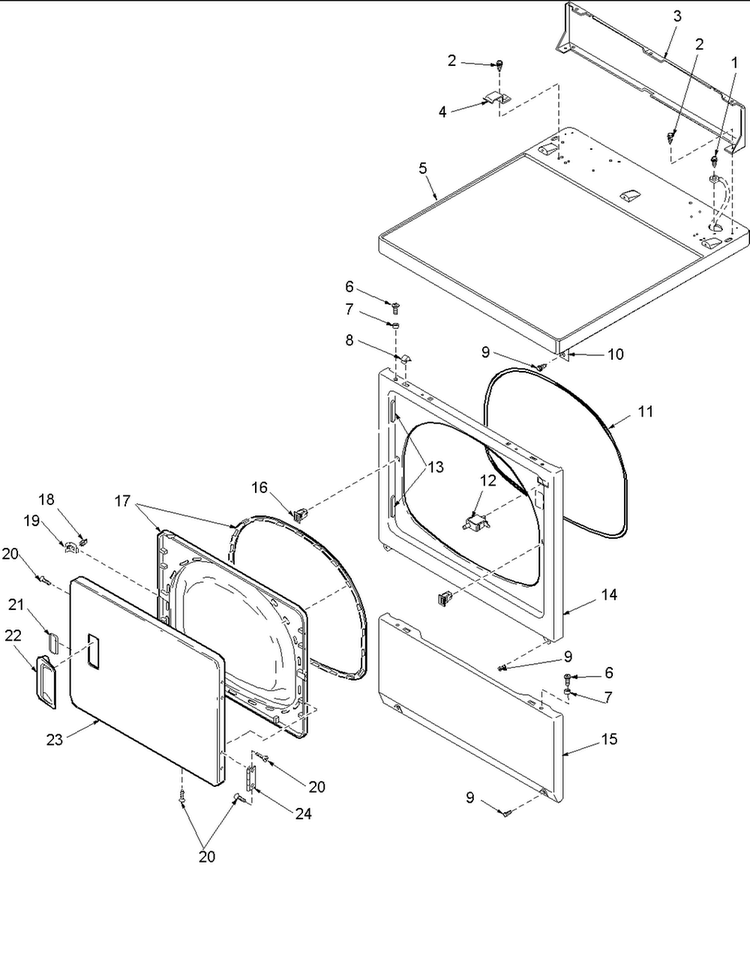 Door And Front, Access, And Top Panels Diagram and Parts List for ALG643RAW-PALG643R  Amana Dryer