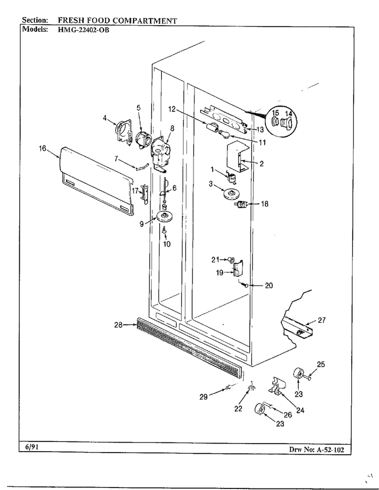 Fresh Food Compartment Diagram and Parts List for 22402-0B  Admiral Refrigerator