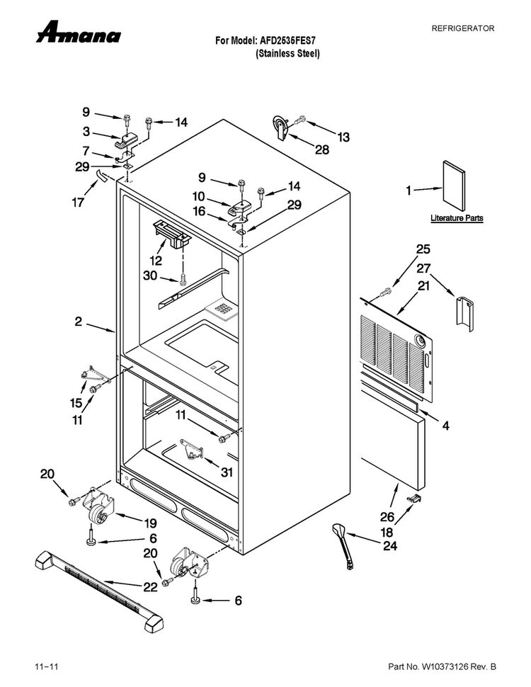 Cabinet Parts Diagram and Parts List for AFD2535FES7  Amana Refrigerator