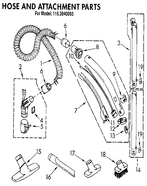 Hose And Attachment Diagram and Parts List for 1162040093  Kenmore Canister Vacuum