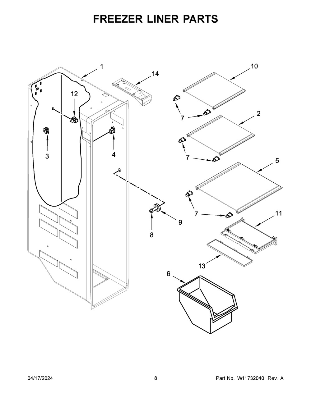 Freezer Liner Parts Diagram and Parts List for MSS25C4MGZ09  Maytag Refrigerator