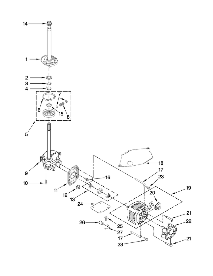Brake, Clutch, Gearcase, Motor And Pump Parts Diagram and Parts List for 4KMTW5955TW1  Maytag Washer