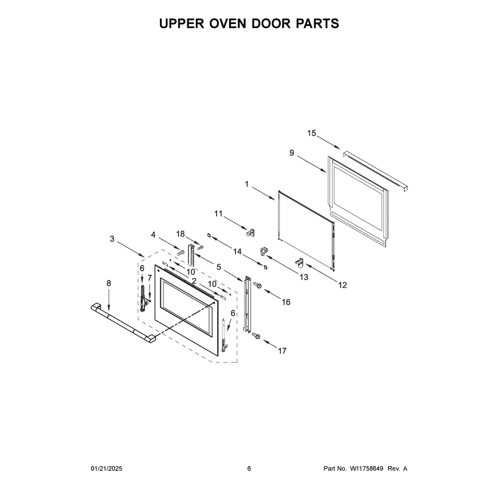 Upper Oven Door Parts Diagram and Parts List for JOEDC730RL00  Jenn-Air Wall Oven