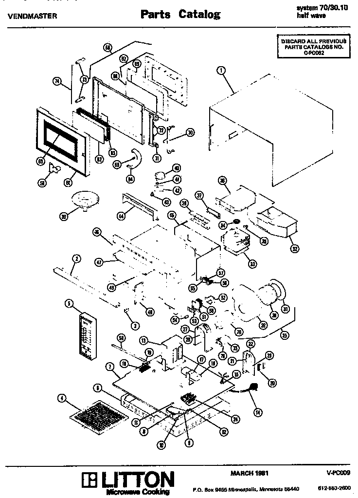 Section 1 Diagram and Parts List for 70 3010 Amana Microwave