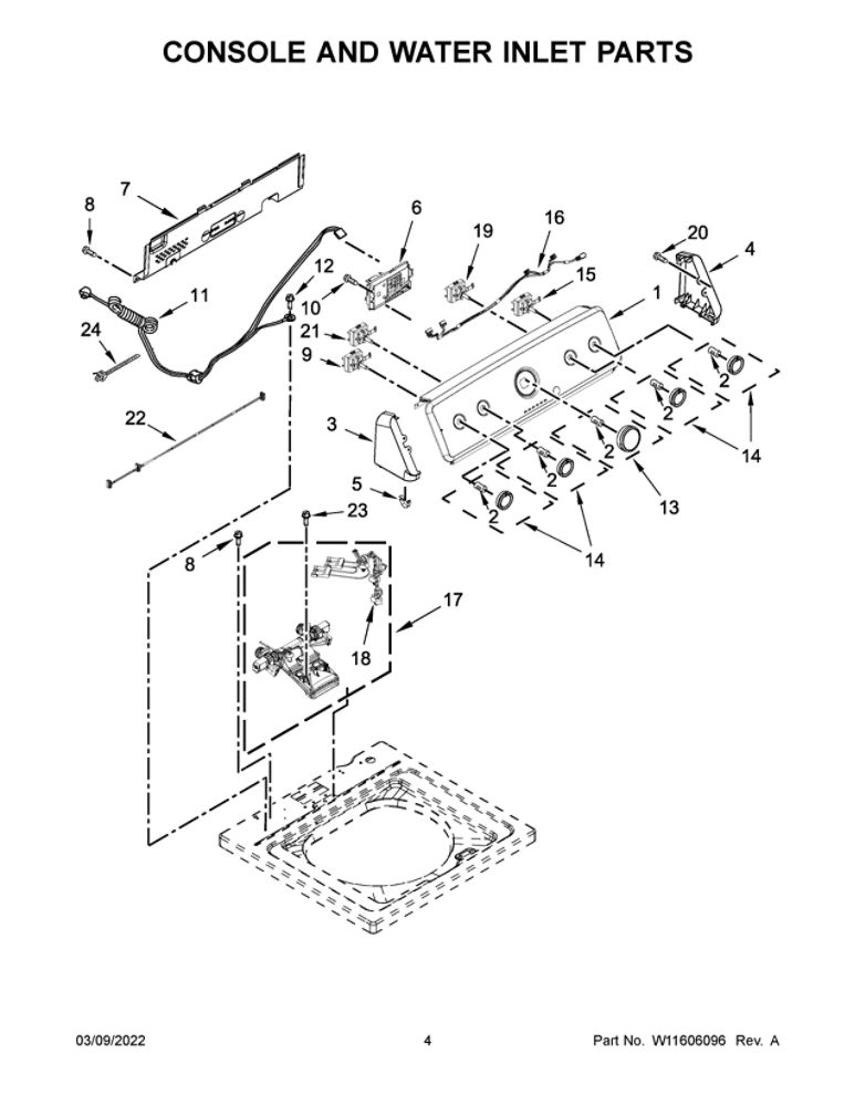 Console And Water Inlet Parts Diagram and Parts List for MVWC565FW3  Maytag Washer