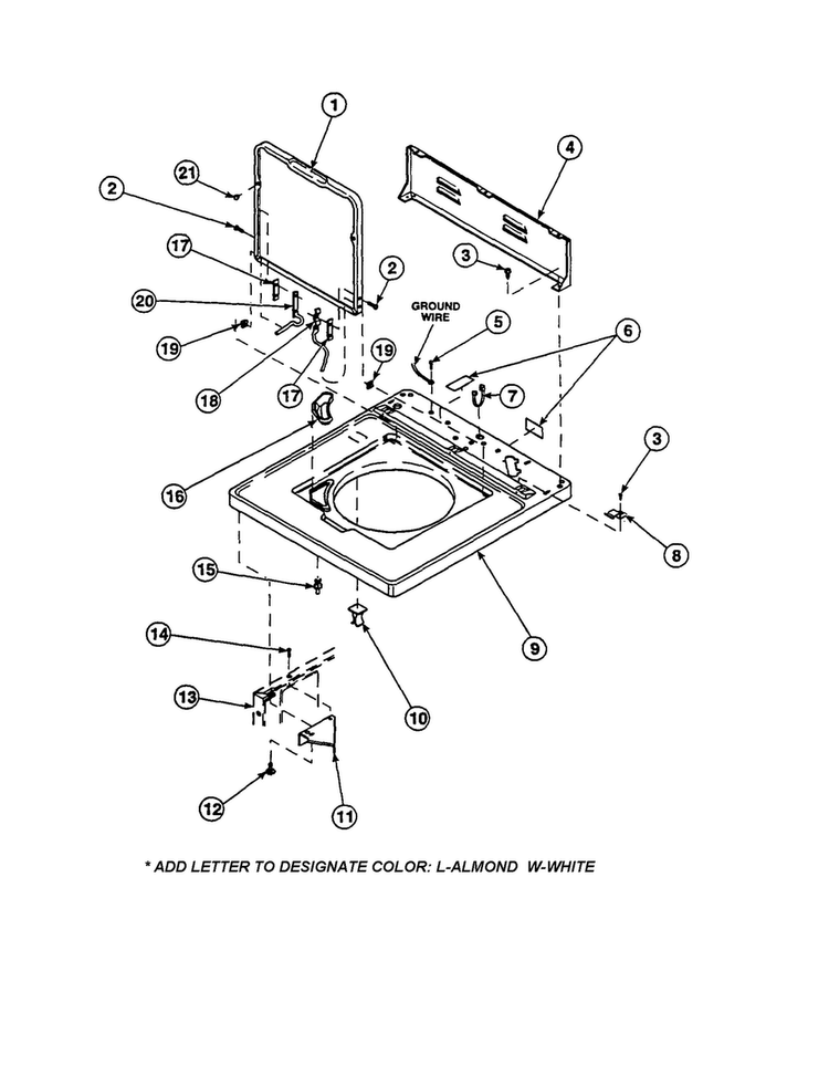 Cabinet Top/control Hood Rear Panel Diagram and Parts List for LW2001W2-PLW2001W2A  Amana Washer