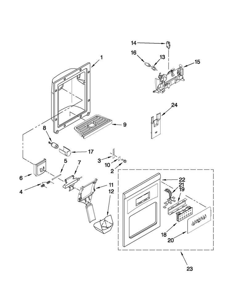 Dispenser Front Parts Diagram and Parts List for MSD2272VES02  Maytag Refrigerator
