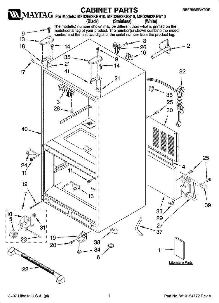 CABINET PARTS Diagram and Parts List for MFD2562KES10  Maytag Refrigerator