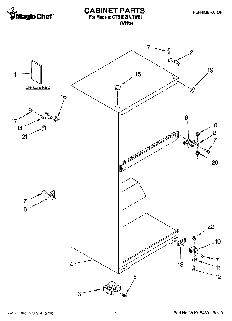 CABINET PARTS Diagram and Parts List for CTB1821VRW01  Magic Chef Refrigerator