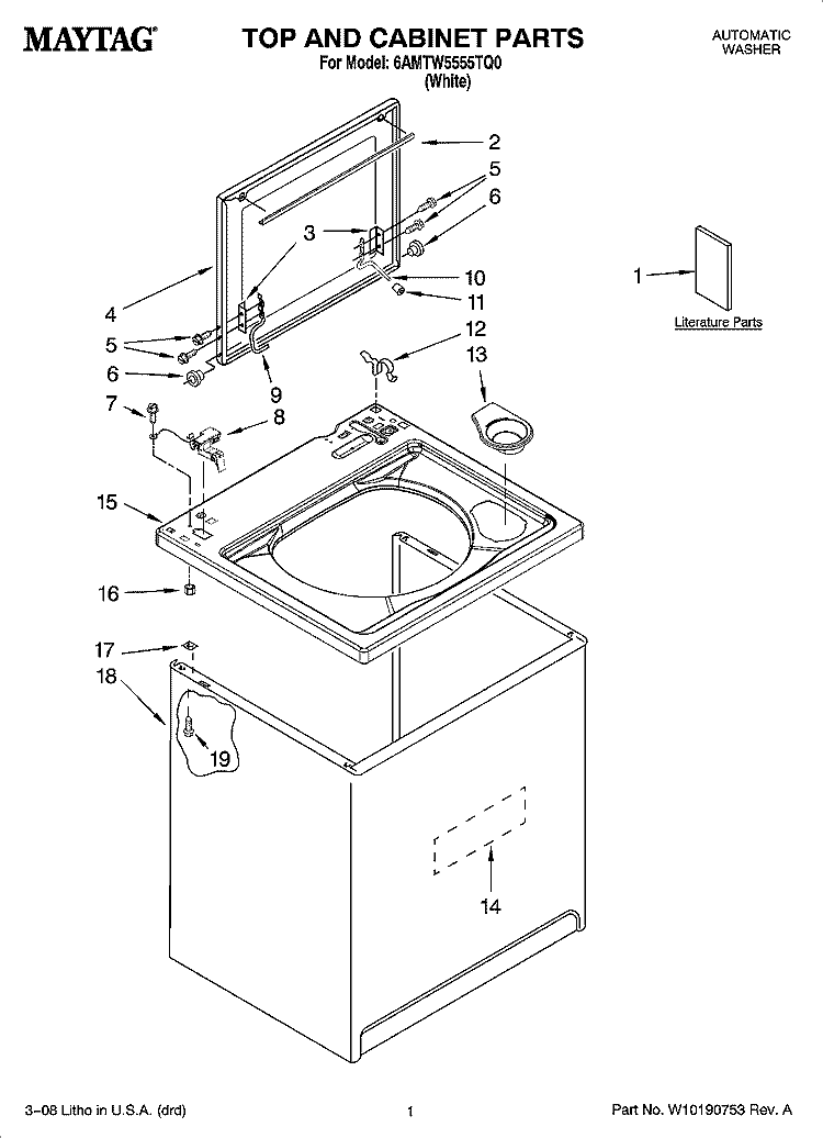 TOP AND CABINET PARTS Diagram and Parts List for 6AMTW5555TQ0  Maytag Washer