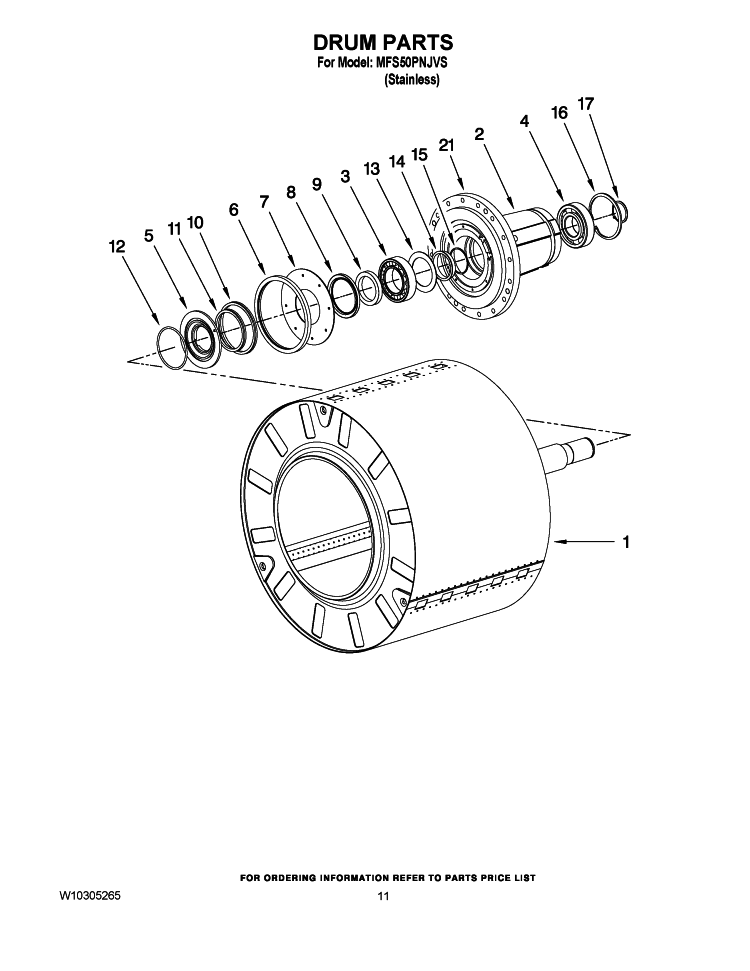 DRUM PARTS Diagram and Parts List for MFS50PNJVS  Maytag Washer