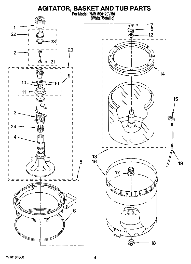 AGITATOR, BASKET AND TUB PARTS Diagram and Parts List for 7MMMS0120VM0  Maytag Washer
