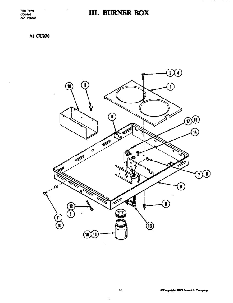 Burner Box Diagram and Parts List for CU240L  Jenn-Air Range