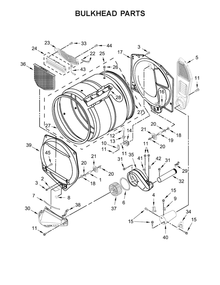 Bulkhead Parts Diagram and Parts List for MGDB765FW0  Maytag Dryer