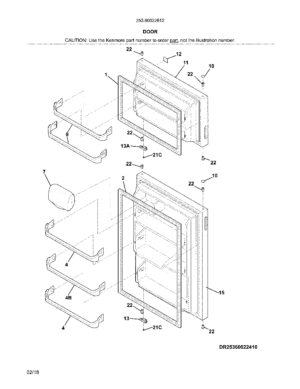Door Diagram and Parts List for 25360022612  Kenmore Refrigerator