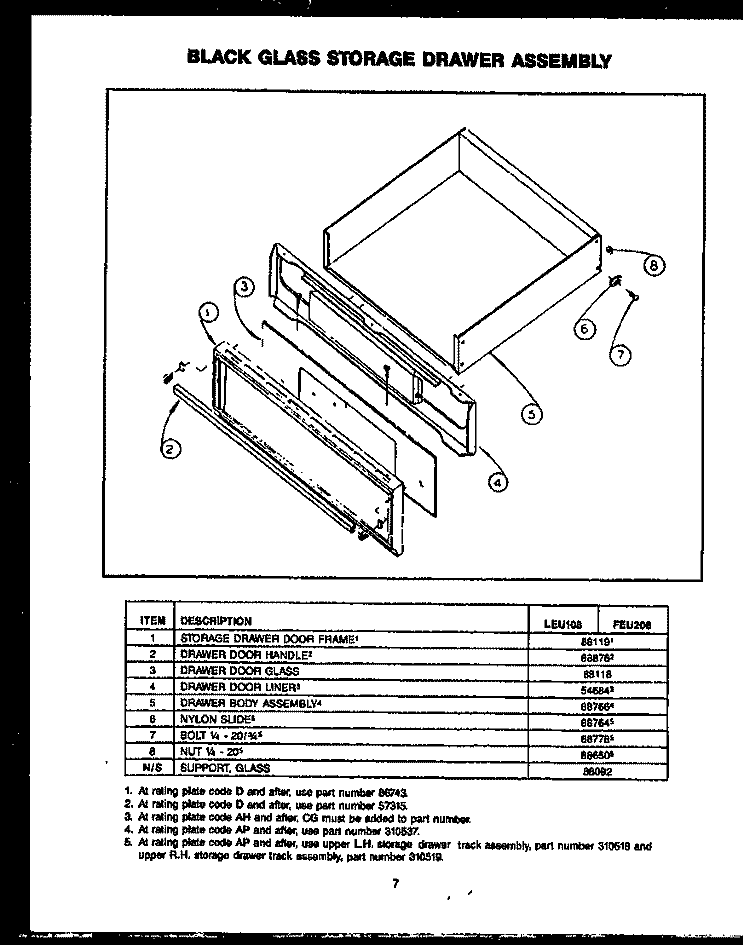BLACK GLASS STORAGE DRAWER ASSY Diagram and Parts List for FEU208  Amana Range