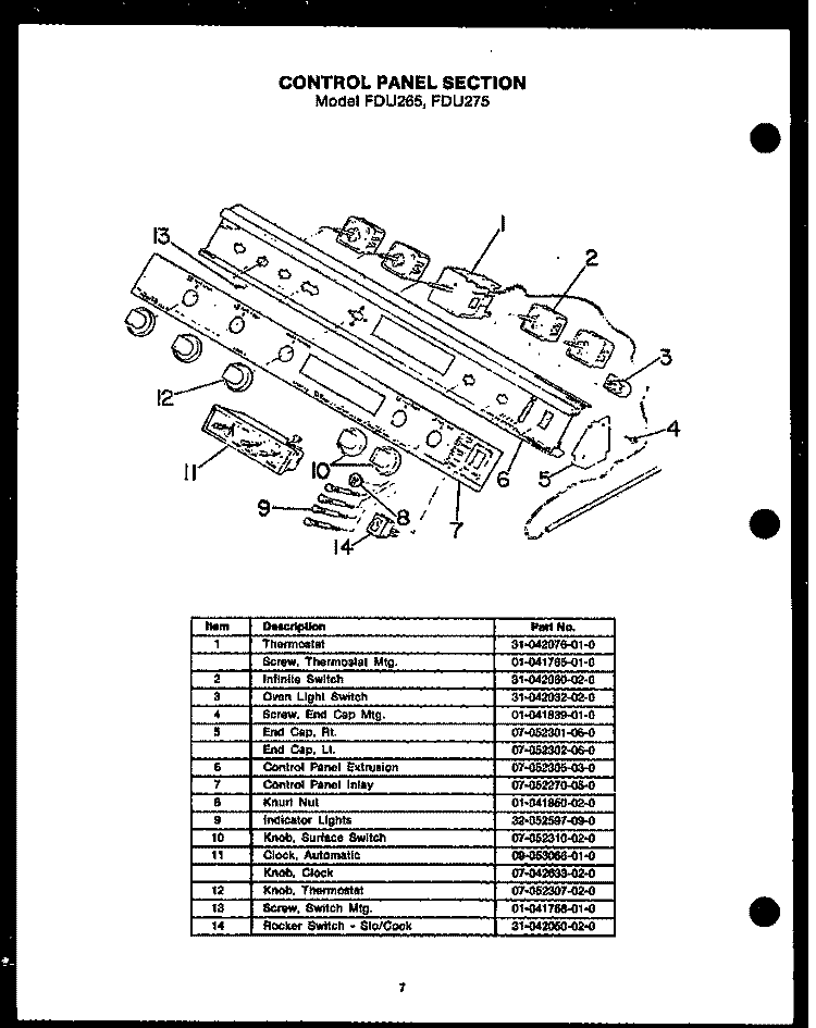 CONTROL PANEL SECTION Diagram and Parts List for FDU265  Amana Range