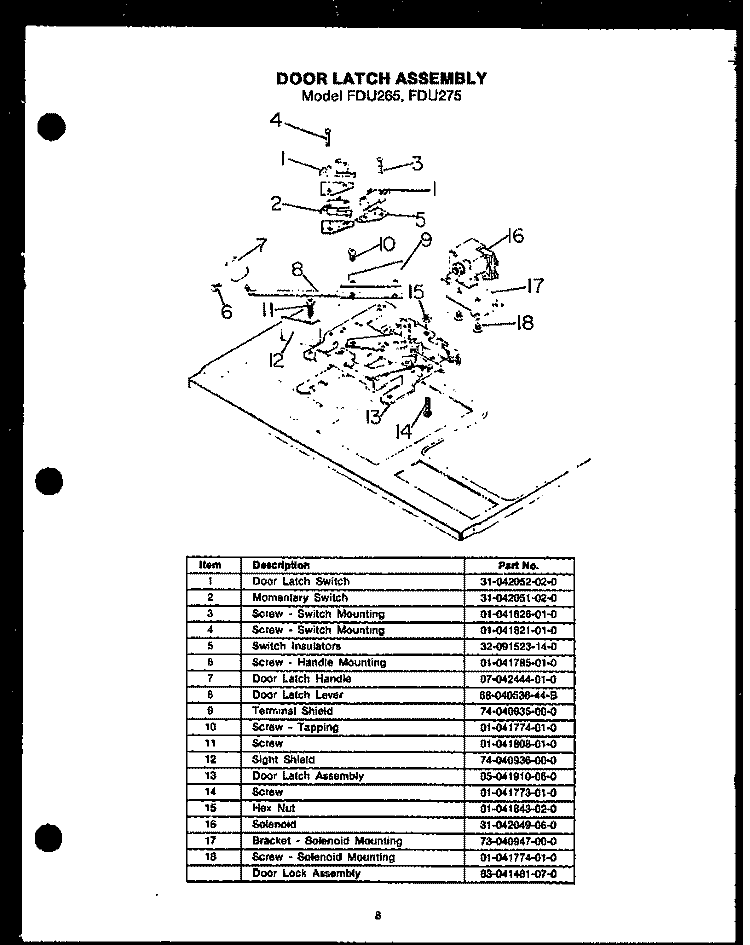 DOOR LATCH ASSY Diagram and Parts List for FDU265  Amana Range