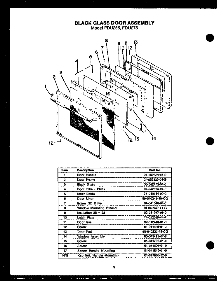 BLACK GLASS DOOR ASSY Diagram and Parts List for FDU265  Amana Range