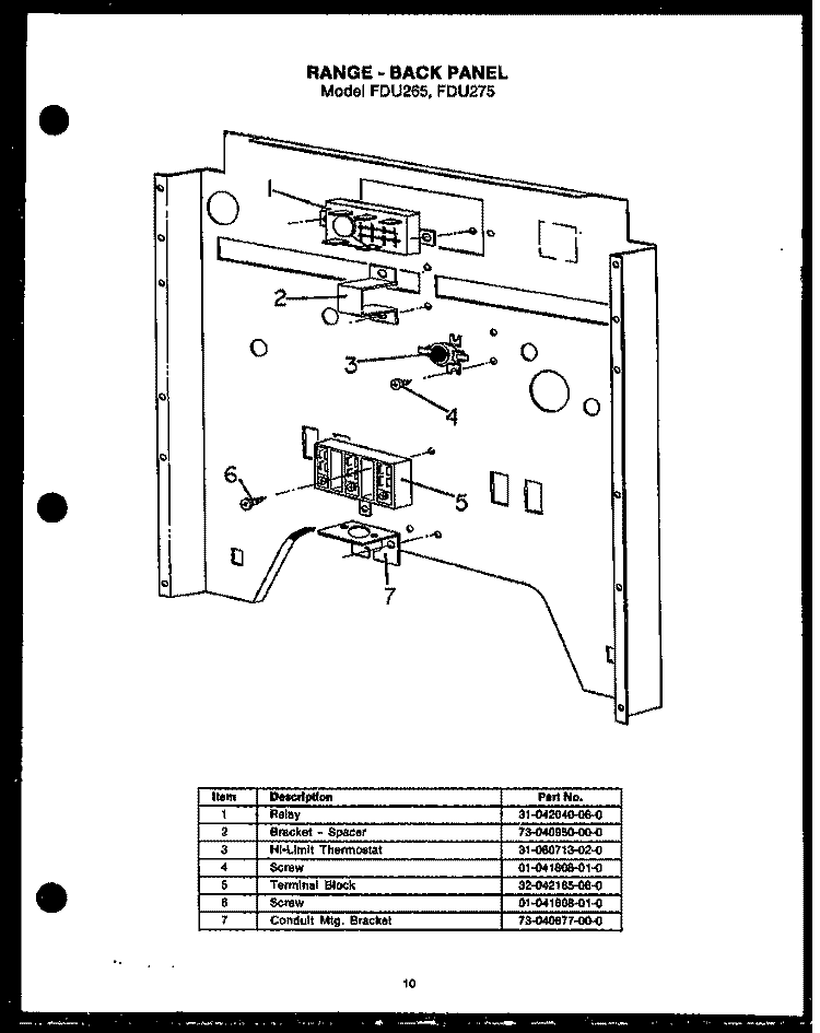RANGE - BACK PANEL Diagram and Parts List for FDU265  Amana Range