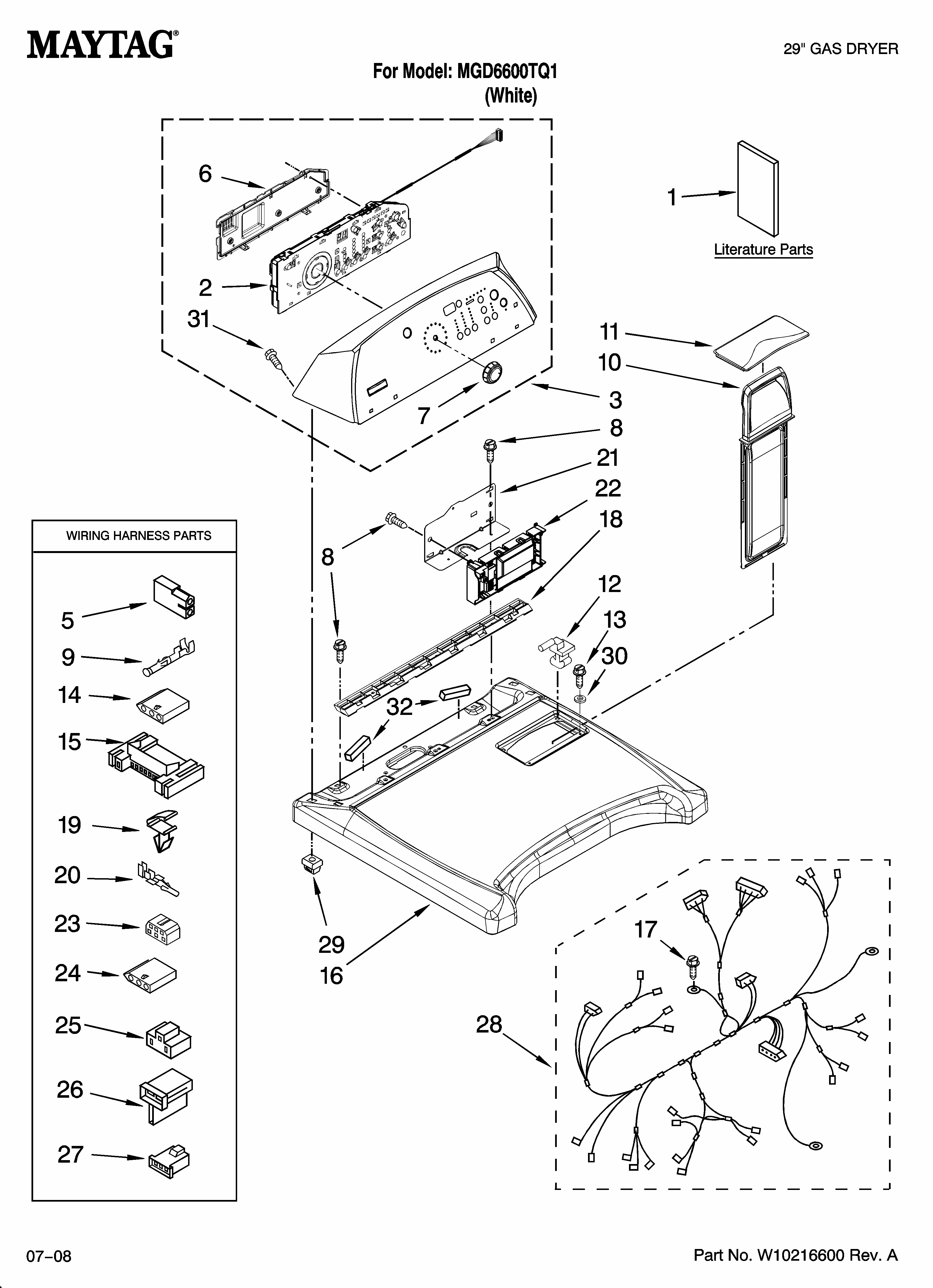 Top And Console Parts Diagram and Parts List for MGD6600TQ1  Maytag Dryer